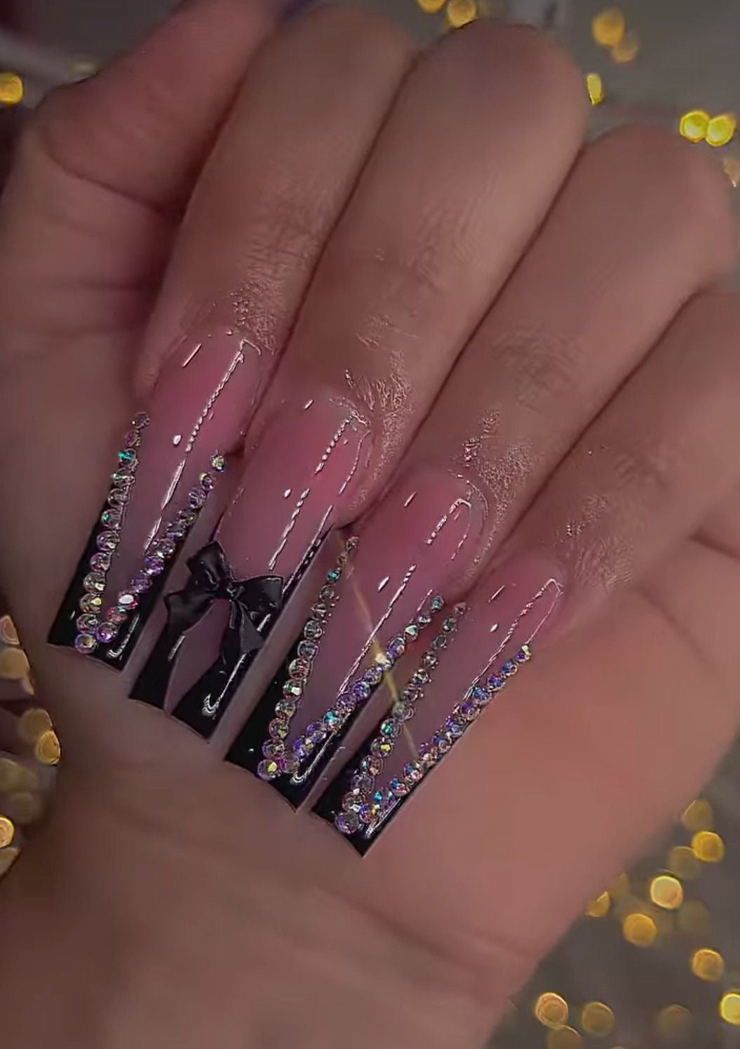 Coquette Press On Nails Black Acrylic French Tips Bows & Bling