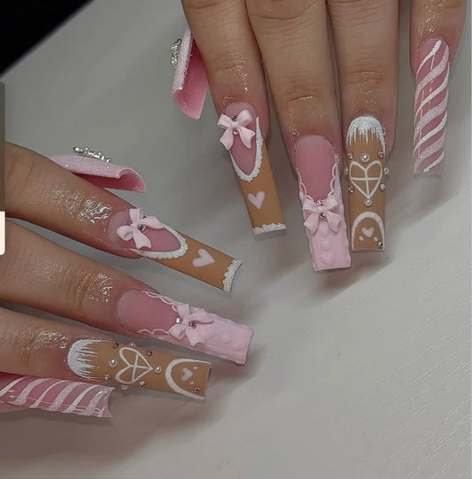 Acrylic Baddie Christmas Gingerbread House Pink Press On Nails