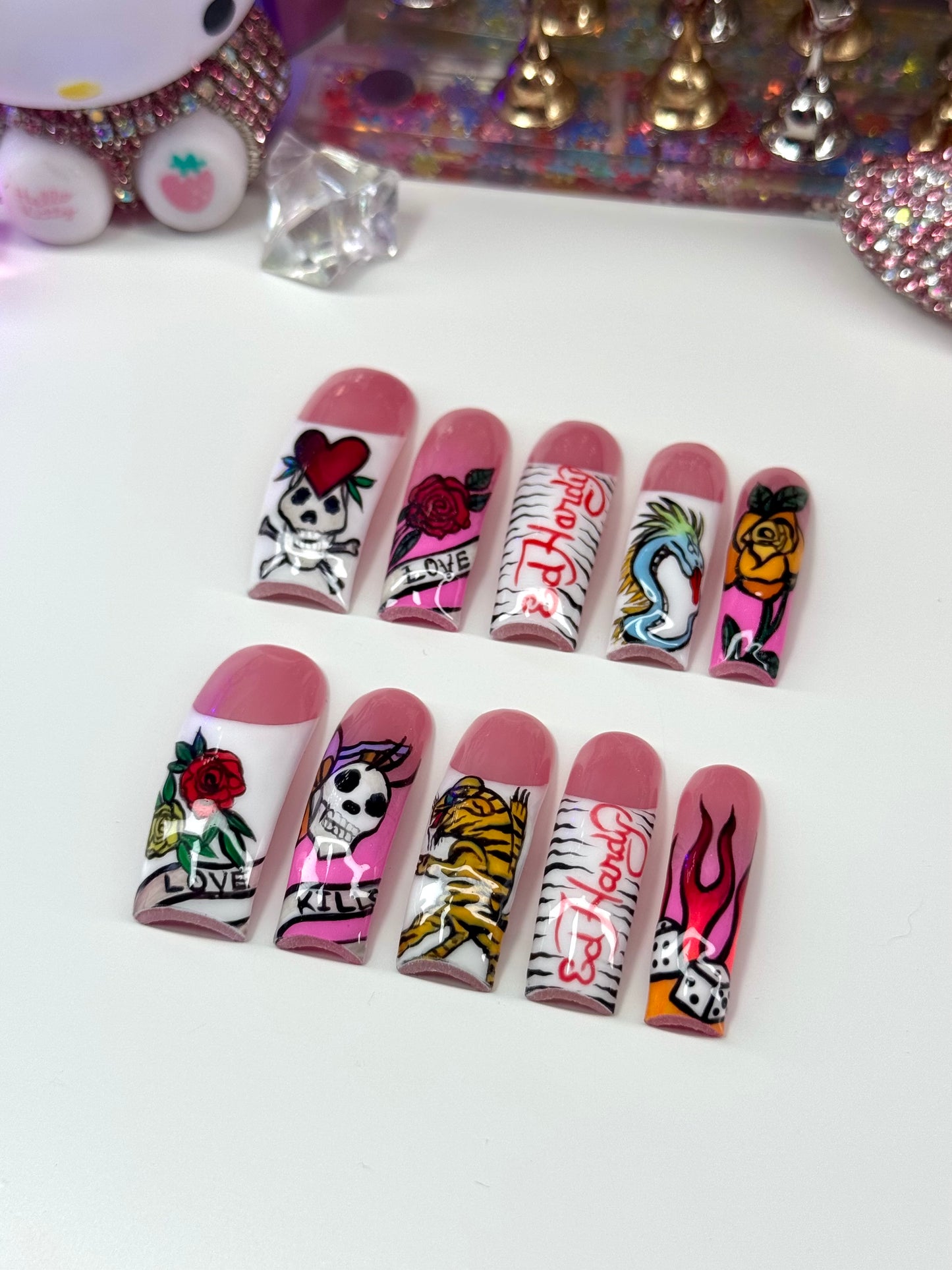 Ed Hardy Inspired French Tips Acrylic Press On Nails