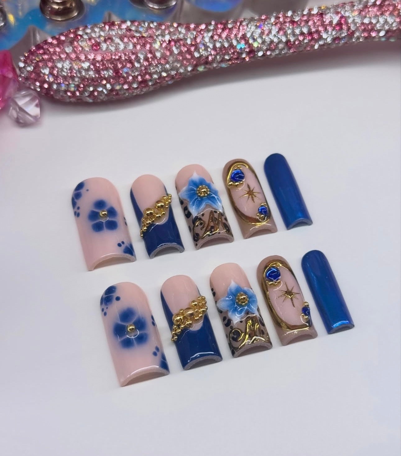 Acrylic Baddie French Tips Bling & Blue Gold 3D Flowers