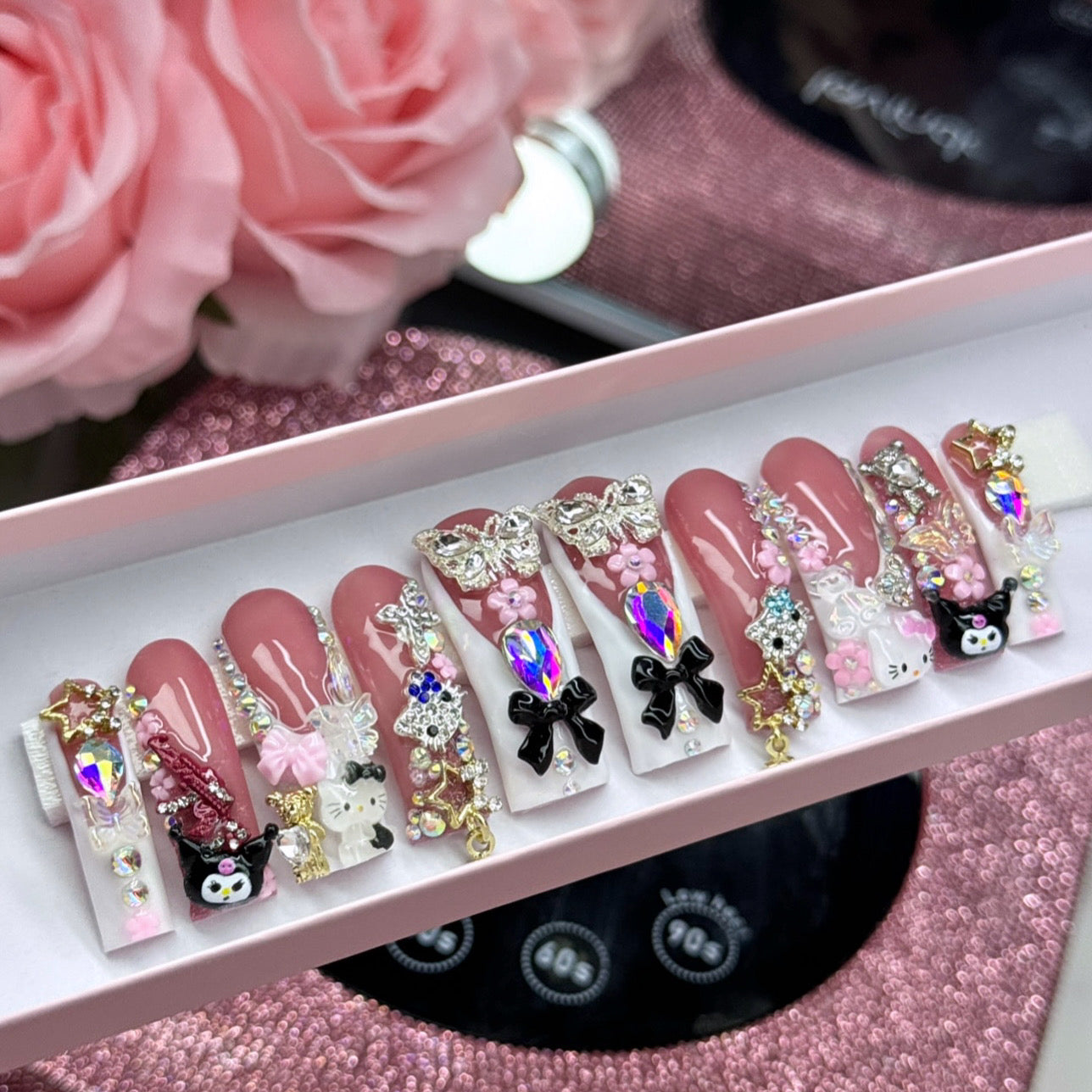 Baddie Acrylic Bows White Kawaii Frenchies & Bling Press On Nails