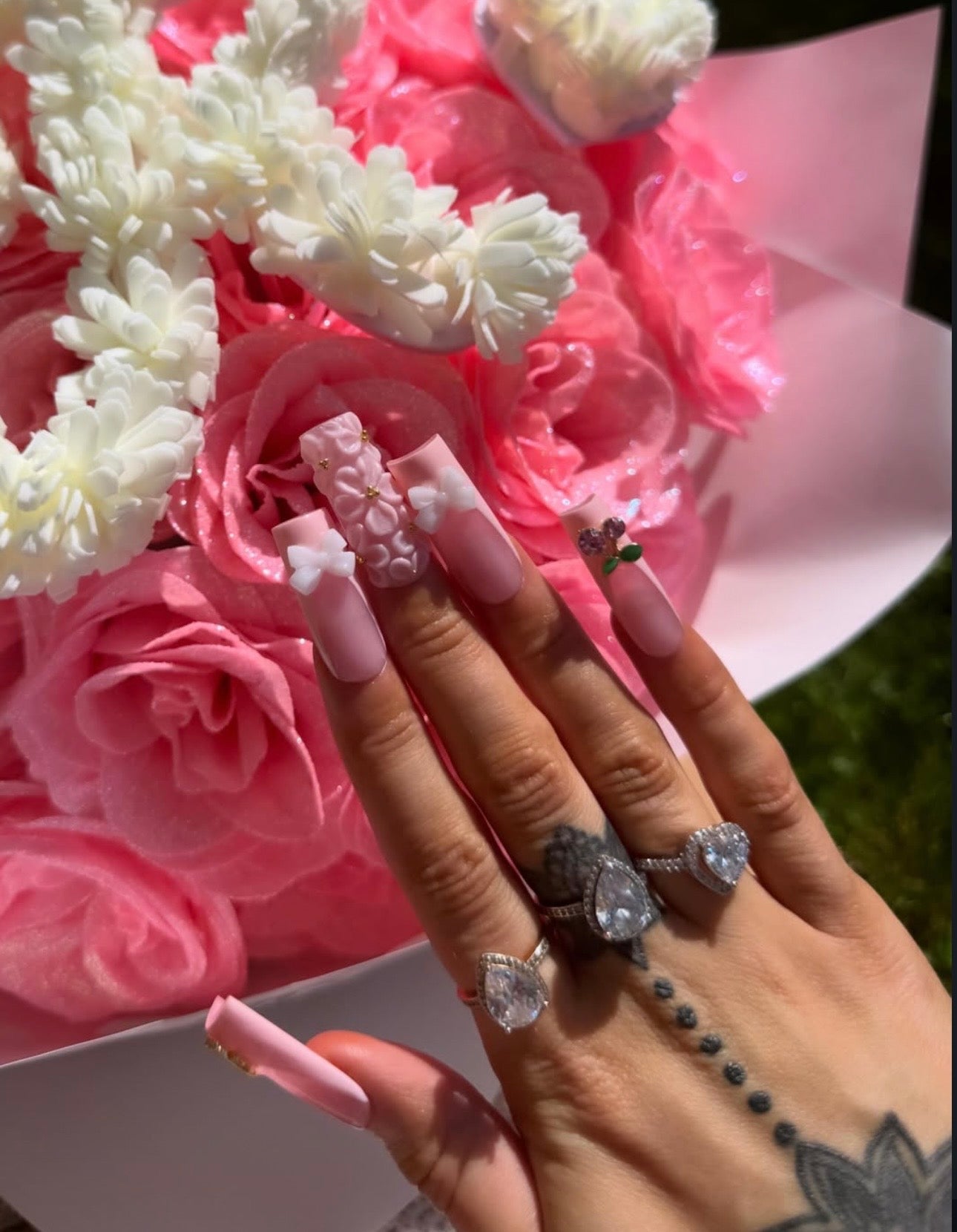 Acrylic Cute & Pretty Pink Press On Nails 3D Flowers