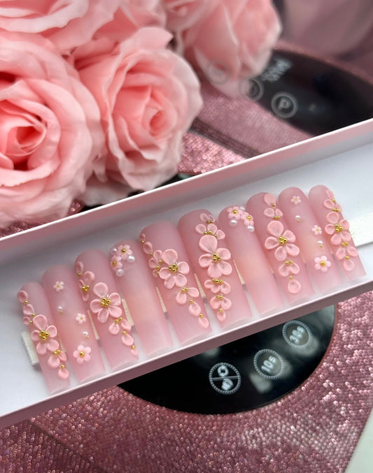 Acrylic Baddie 3D Flowers Pink Matte Press On Nails