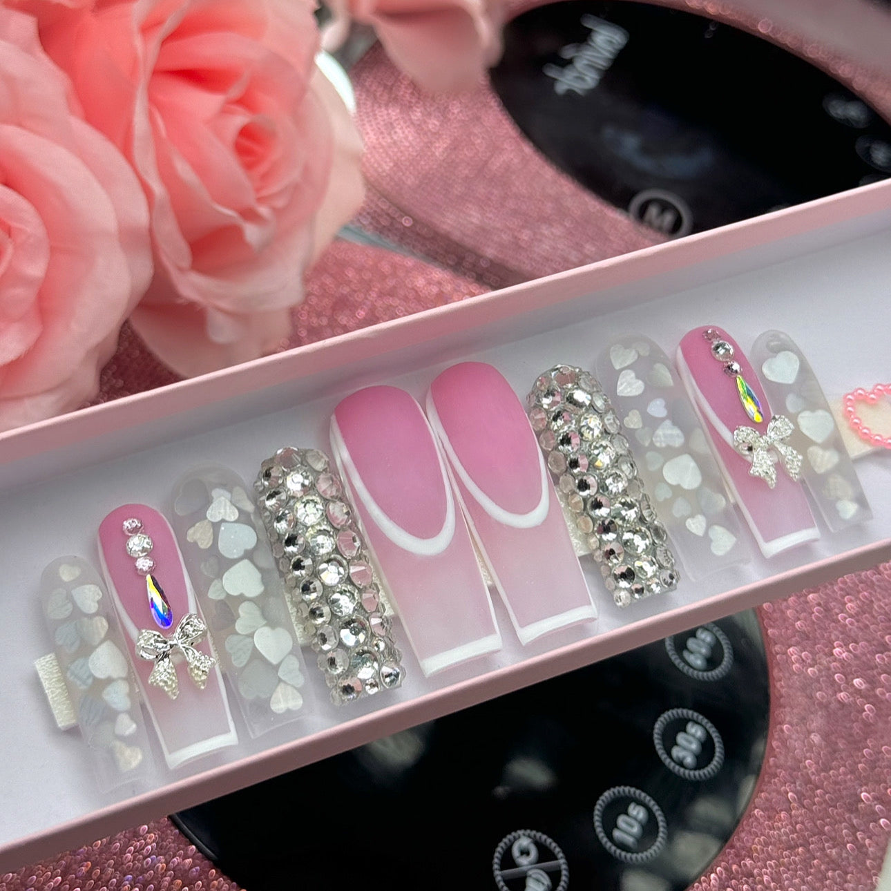 Y2K Acrylic Pink Press On Nails Coquette Encapsulated Hearts