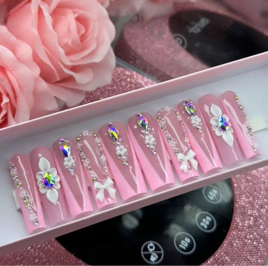 Luxury Press On Nails Pink Acrylic & 3D Flowers