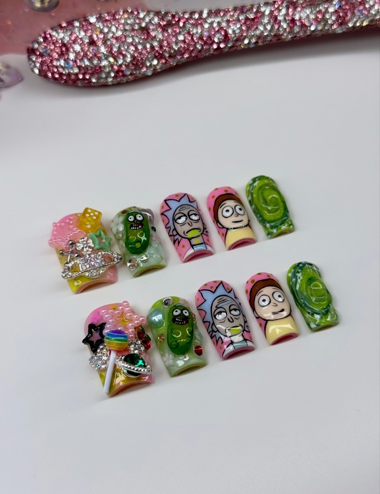Y2K Rick & Morty Acrylic Junkie 3D Bling Press On Nails