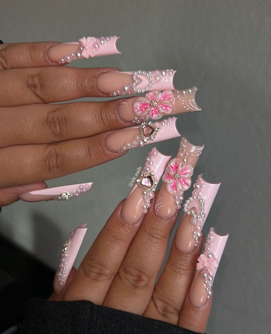 Acrylic Cute 3D Flowers Pink Princess Press On Nails