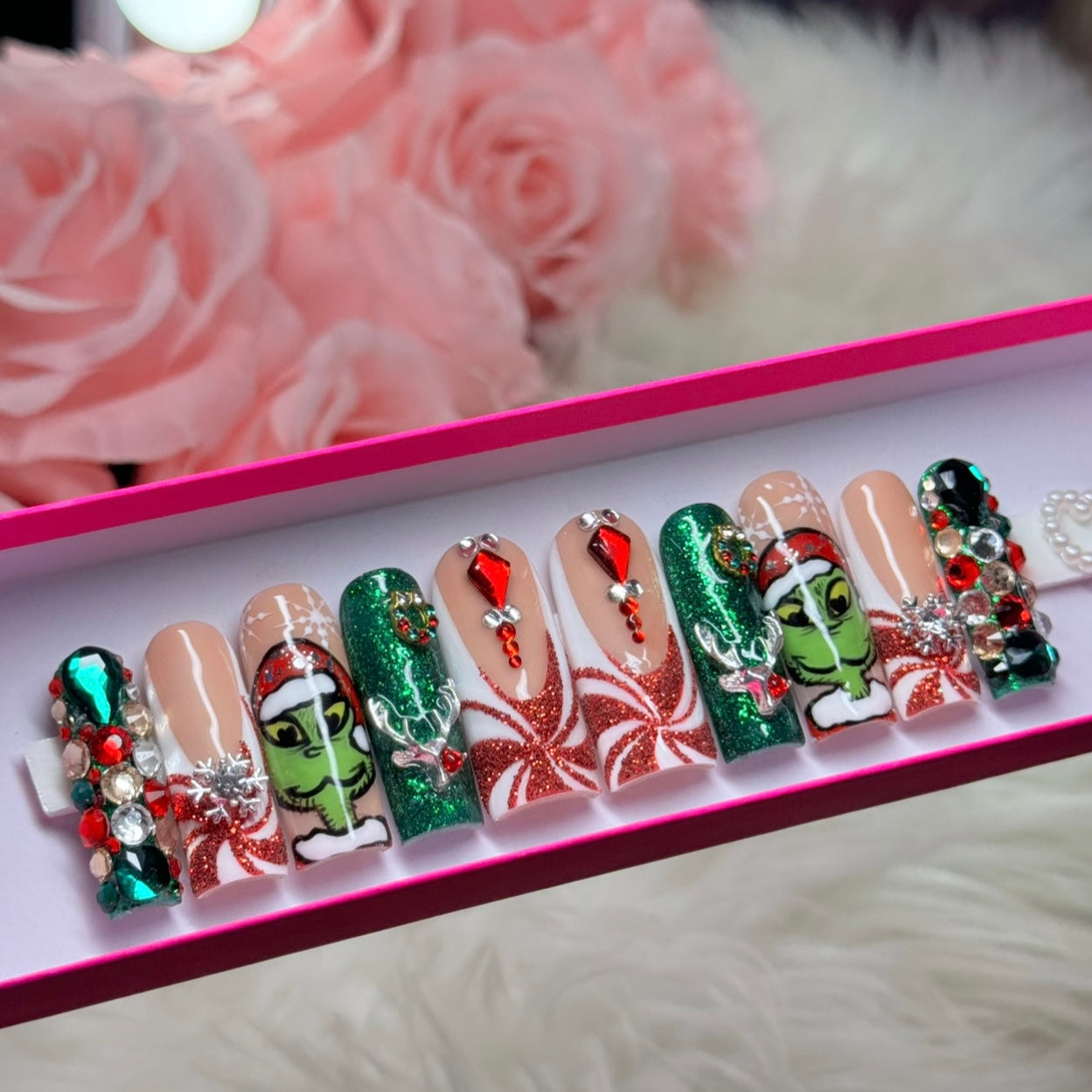 Acrylic Baddie Christmas Grinch Press On Nails & Bling