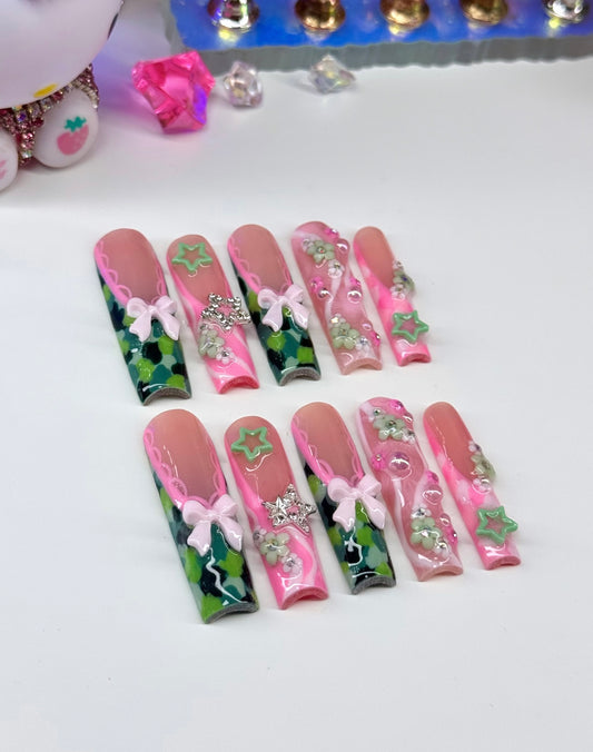 Acrylic Cute Y2K Baddie Camo Green & Pink Press On Nails