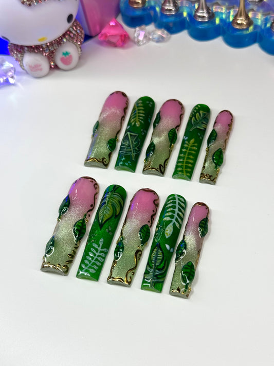 Acrylic Press On Nails Pretty Cat Eye Green Ombre & Monstera