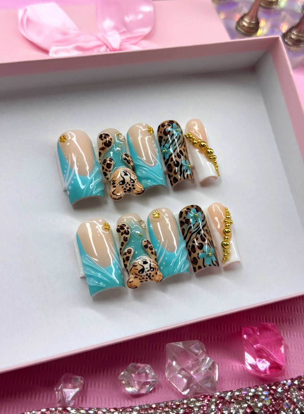 Acrylic Baddie French Tips White & Blue Cheetah 3D Press Ons