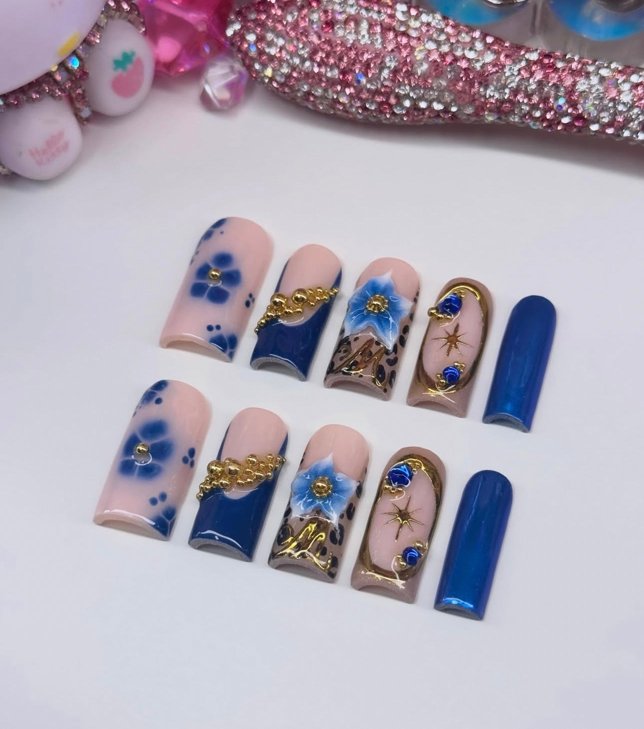 Acrylic Baddie French Tips Bling & Blue Gold 3D Flowers