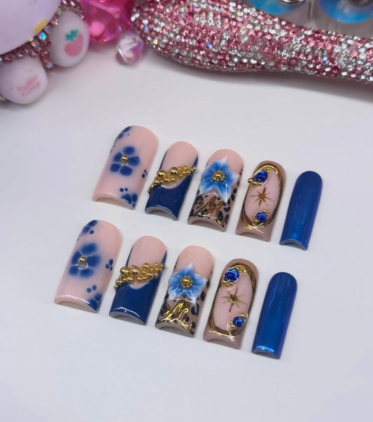 Acrylic Baddie French Tips Bling & Blue Gold 3D Flowers
