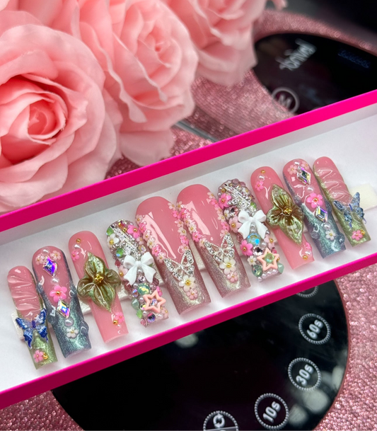Acrylic Cute Press On Nails 3D Shimmer Summer Bling
