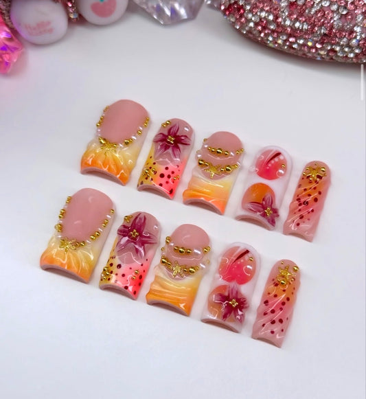 Acrylic Baddie French Tips Orange Sculpted Floral Press On Nails
