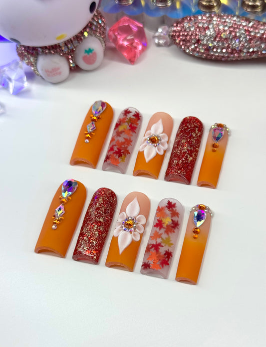 Acrylic Fall Bling Orange Leaves Matte Press On Nails
