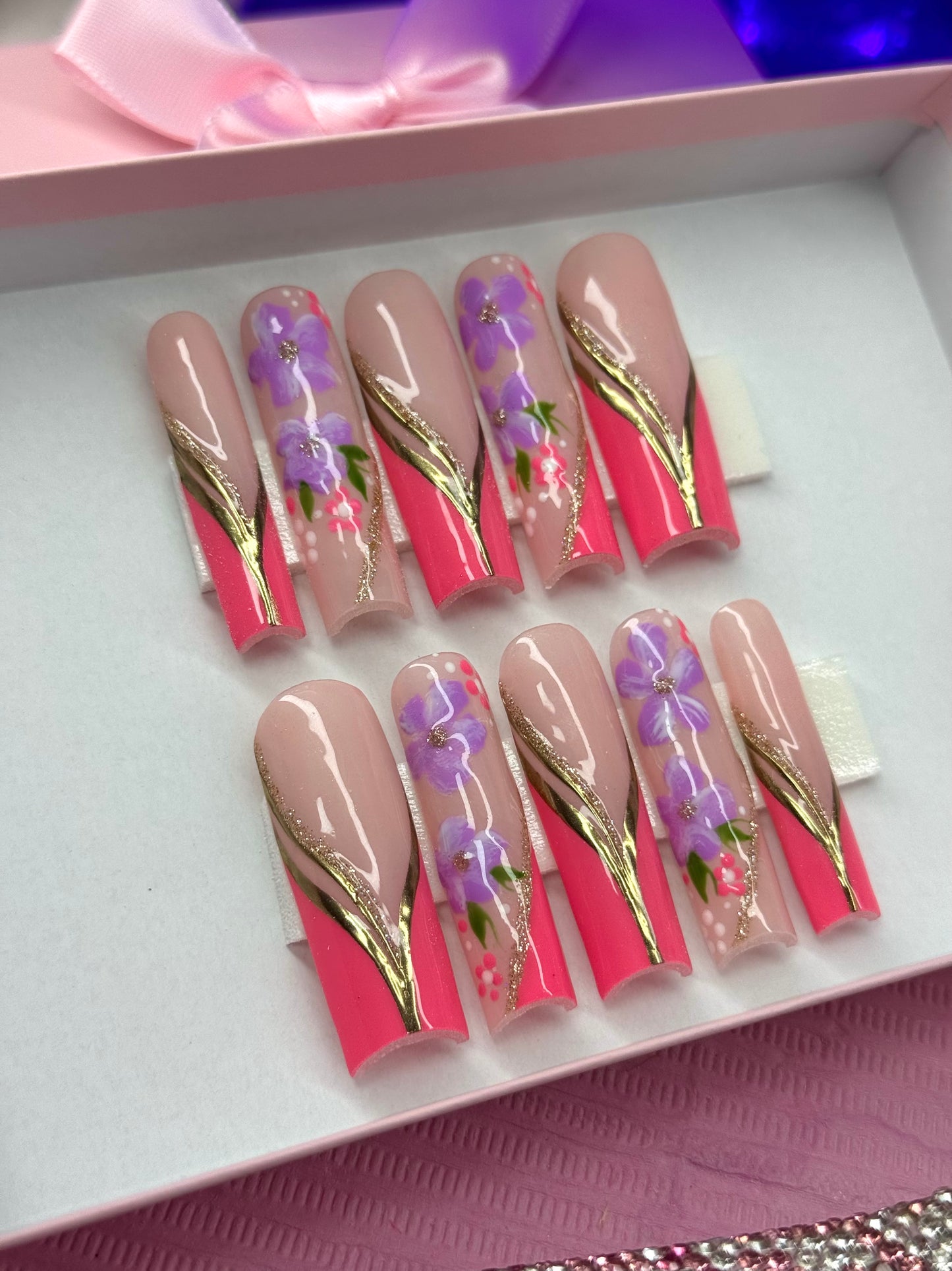 Acrylic Cute Baddie Chrome Gold Pink & Purple Flowers Press Ons