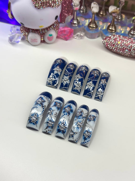 Acrylic French Tips Blue White Flowers & Silver Chrome Press Ons