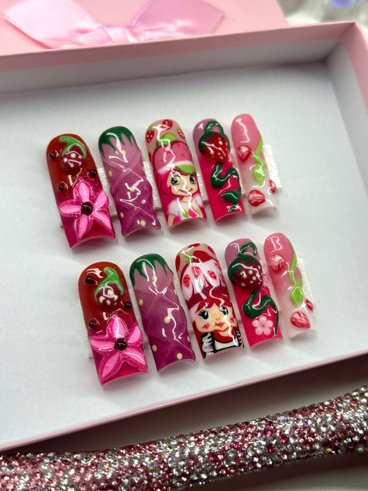 Acrylic Baddie Gorgeous 3D Strawberry Shortcake Nails