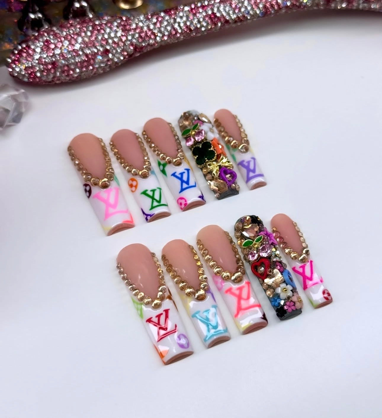Y2K White Frenchies Colorful LV Acrylic Press On Nails