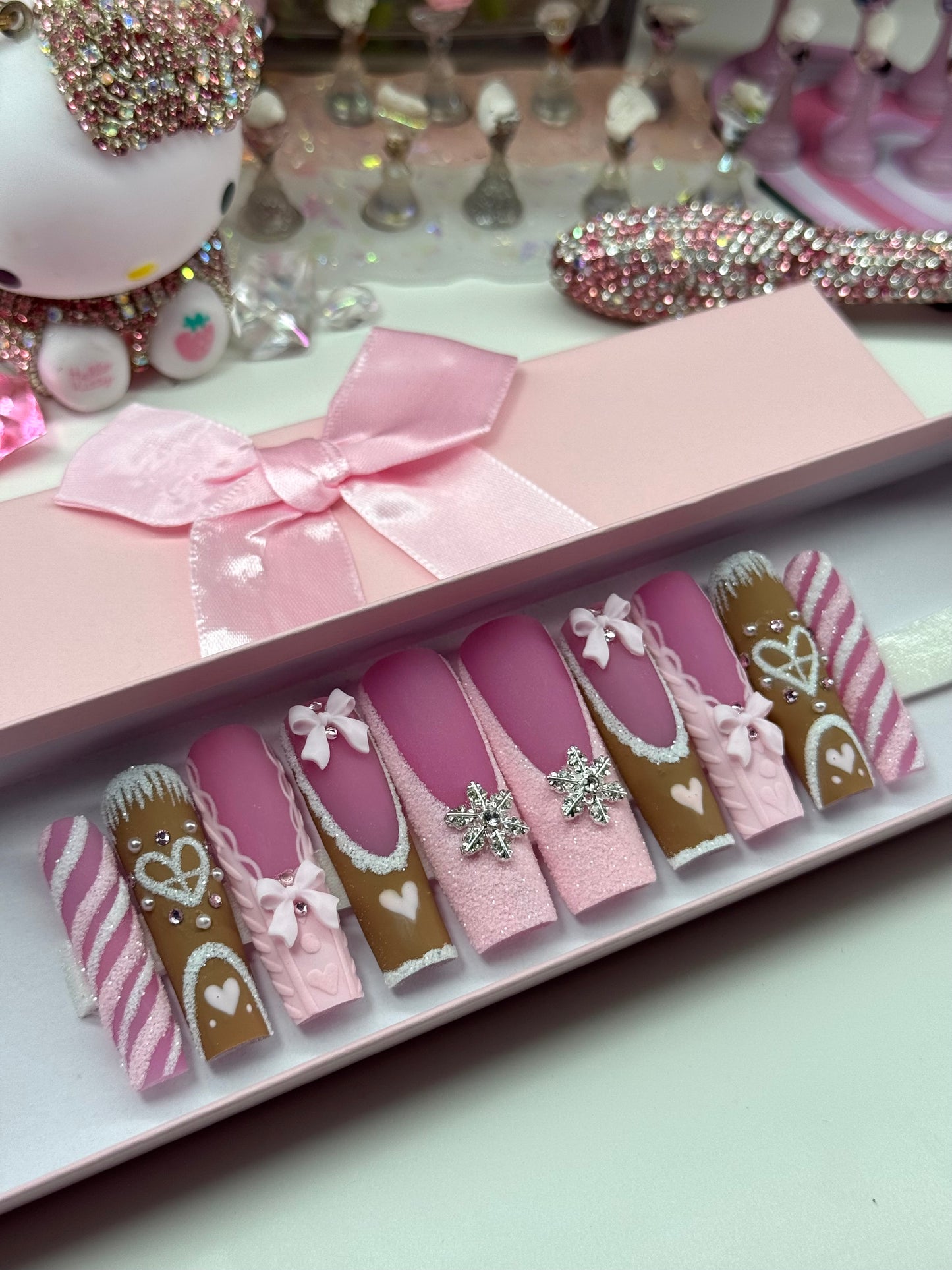 Acrylic Baddie Christmas Gingerbread House Pink Press On Nails
