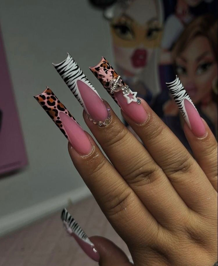 Acrylic Baddie French Tips Pretty Animal Print & Charms