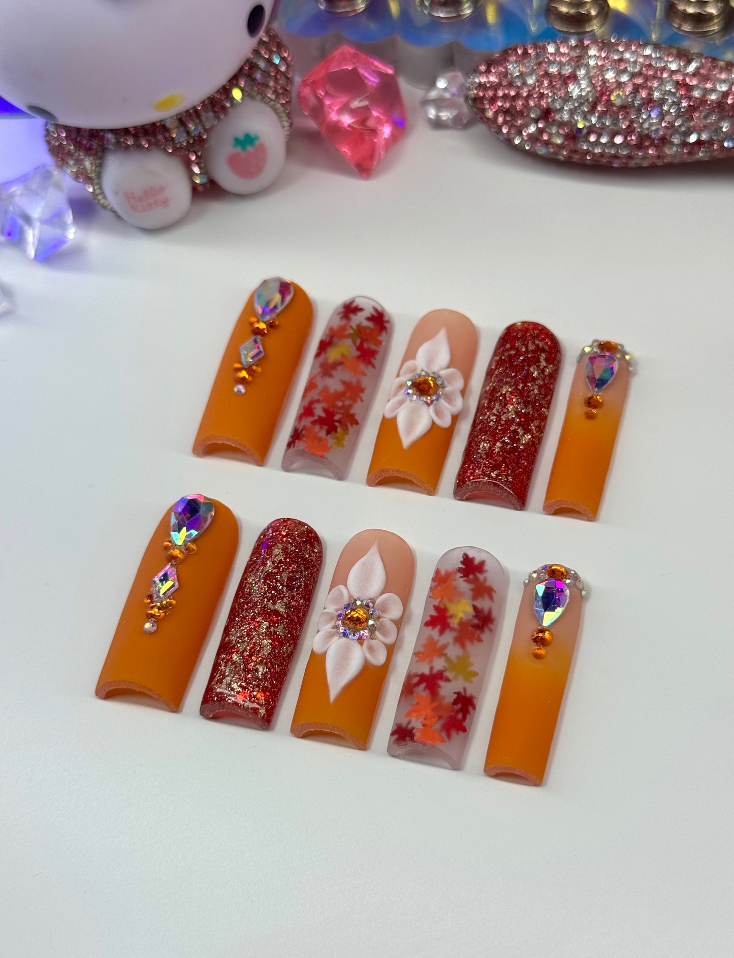 Acrylic Fall Bling Orange Leaves Matte Press On Nails