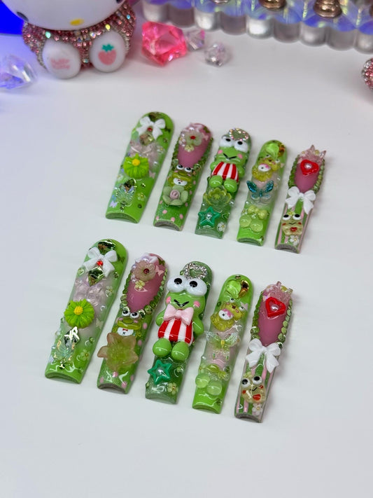 Acrylic Luxury Cute Kawaii Keroppi Junkie Green & Bling