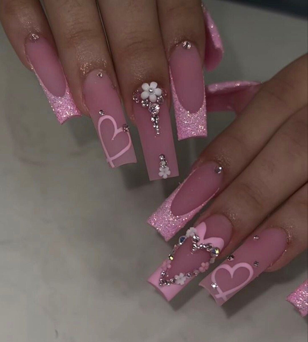 Y2K Spring Pink Matte Acrylic Press On Nails Bling