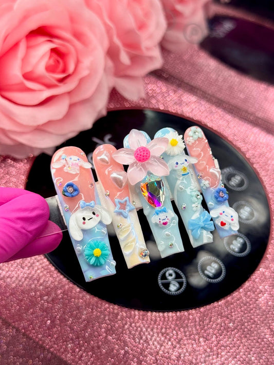 Baddie Acrylic Press On Nails Kawaii Blue & White