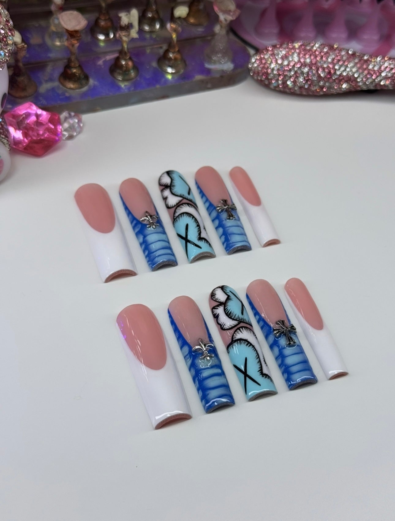 Acrylic Luxury Baddie Blue White Press On Nails Kaws
