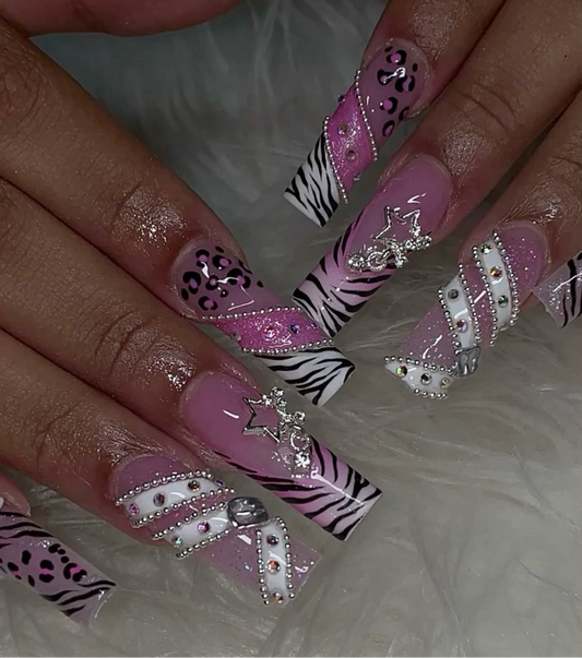 Acrylic Y2K Pink Animal Print Belt Bling Press On Nails