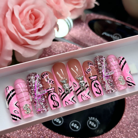 Y2K Pretty Bandana Print Pink Bling Acrylic Press On Nails