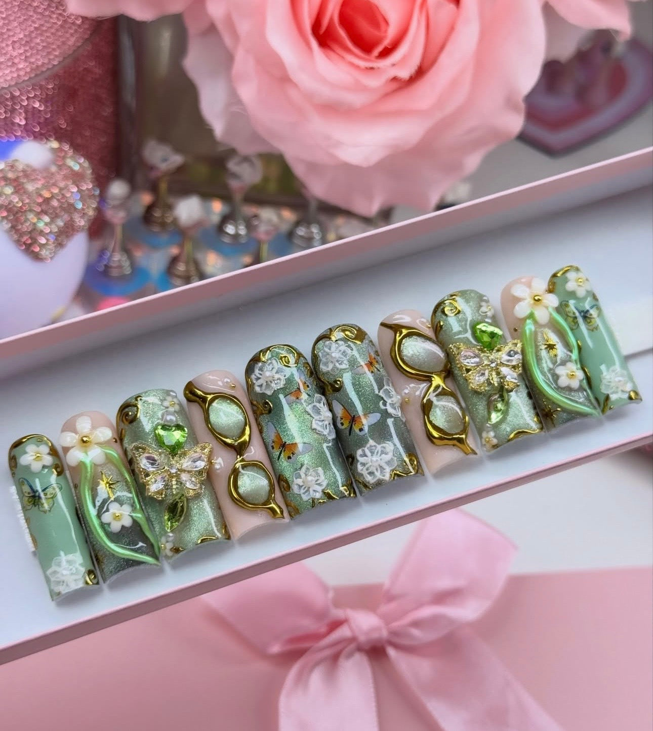Acrylic Baddie French Tips Bling & Cat Eye Green Floral