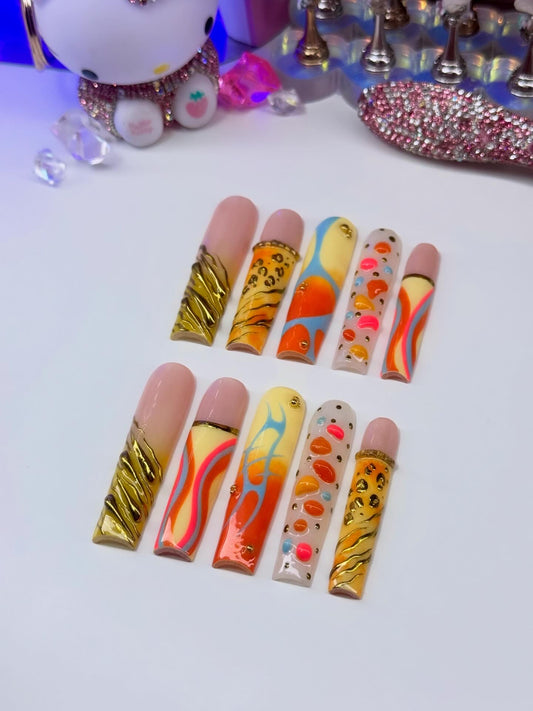 Acrylic Luxury Baddie Orange Yellow French Tips & Gold