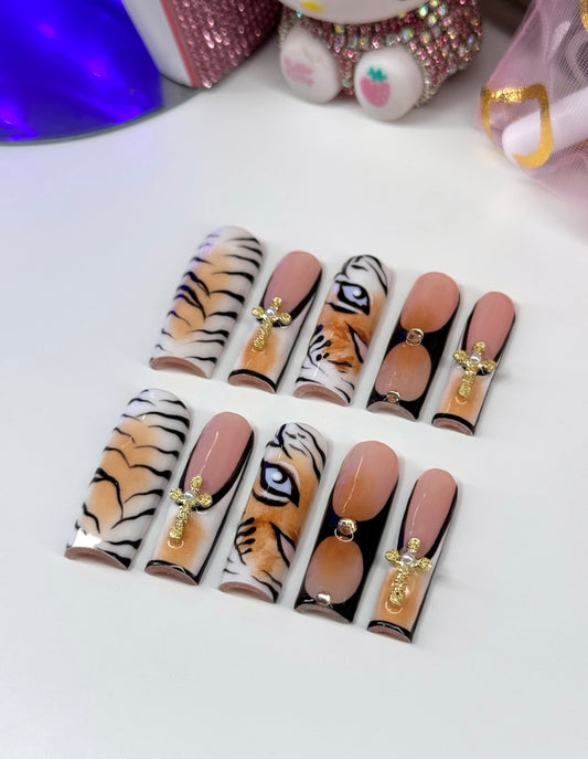 Acrylic Baddie French Tip Tiger Press On Nails