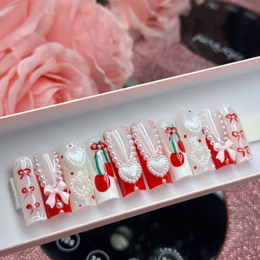 Y2K Red Coquette Cherry Acrylic Press On Nails