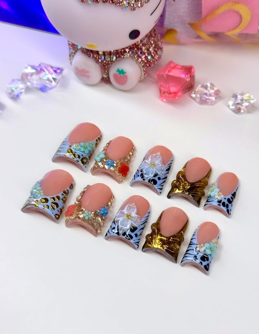 Acrylic Cute Flower & Animal Print Blue Press On Nails