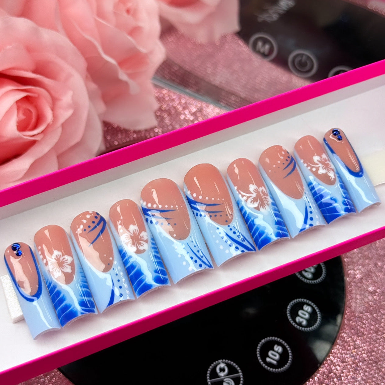 Luxury Acrylic Hibiscus Baddie Blue Spring French Tip Press On Nails