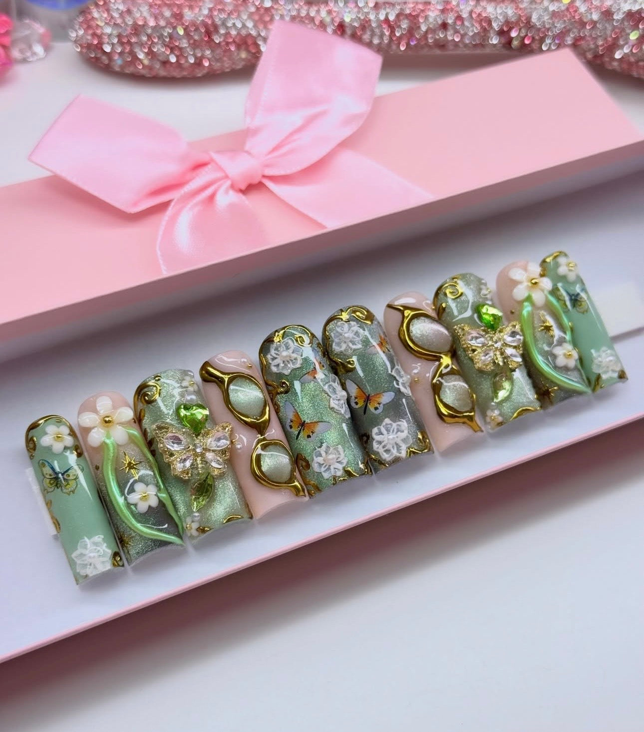 Acrylic Baddie French Tips Bling & Cat Eye Green Floral