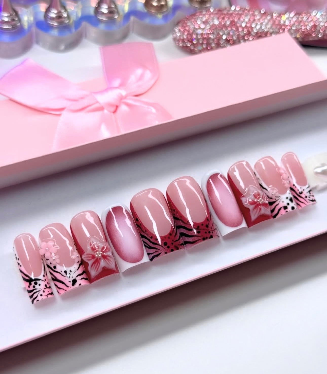 Acrylic French Tips 3D Flowers Pink Animal Print Press Ons