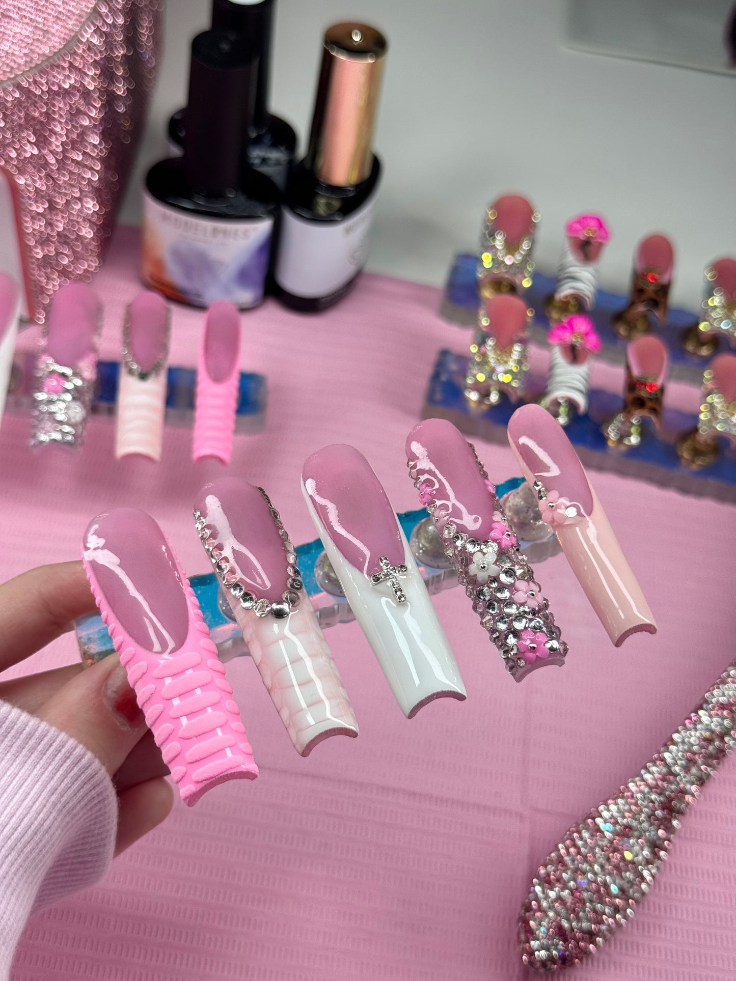 Acrylic Pink French Tip Press On Nails Bling & Crocodile Print