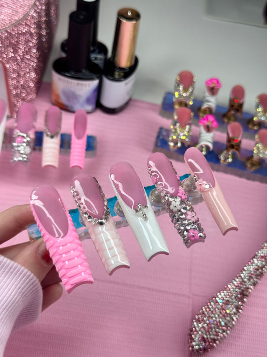 Acrylic Pink French Tip Press On Nails Bling & Crocodile Print