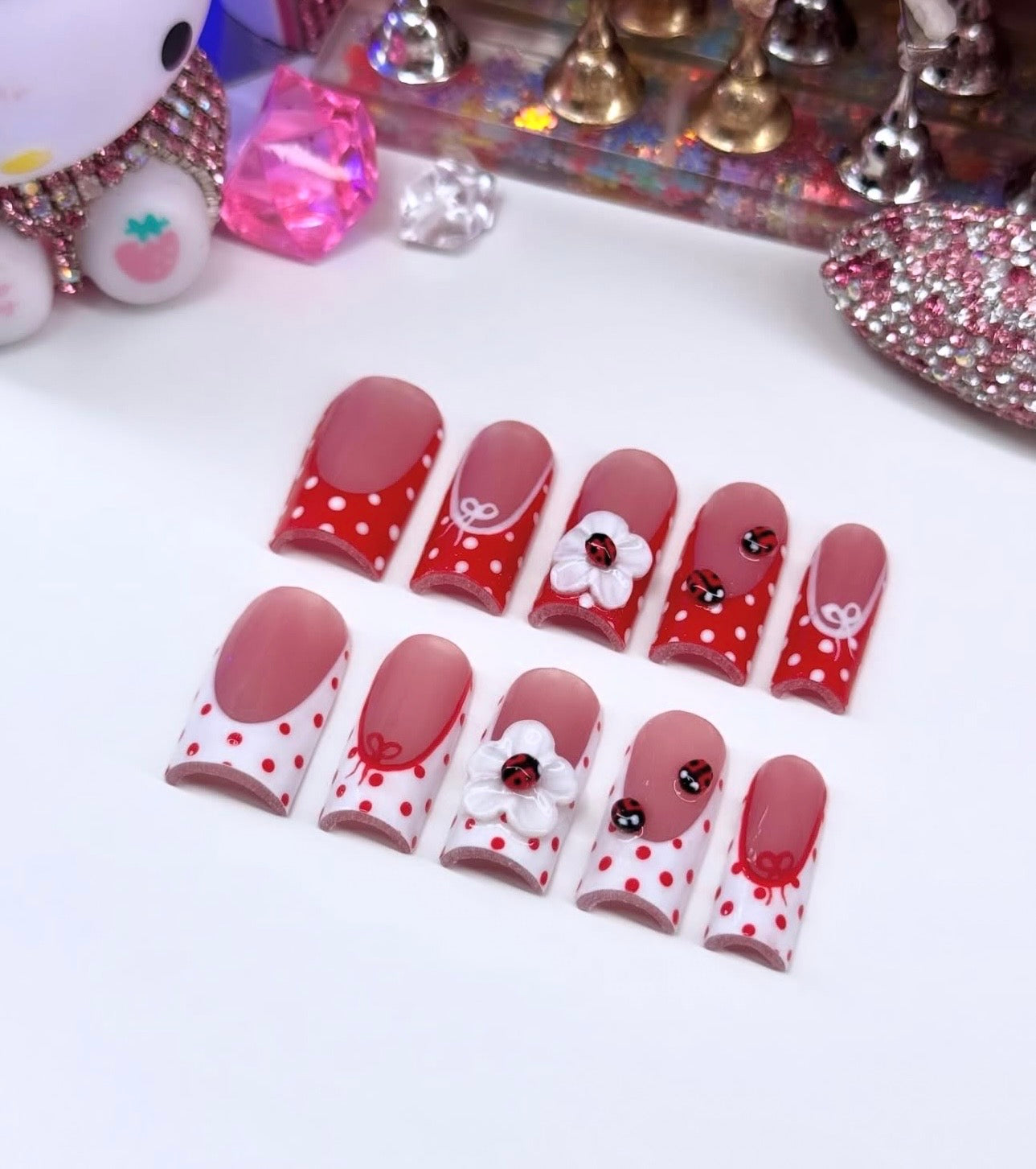 Acrylic Baddie Spring 3D Ladybugs & Flowers Red White Press On Nails