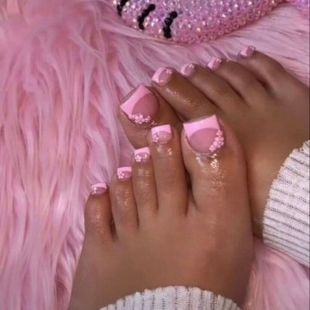 Toe Acrylic Press On Nails Pink French Tips 22pc