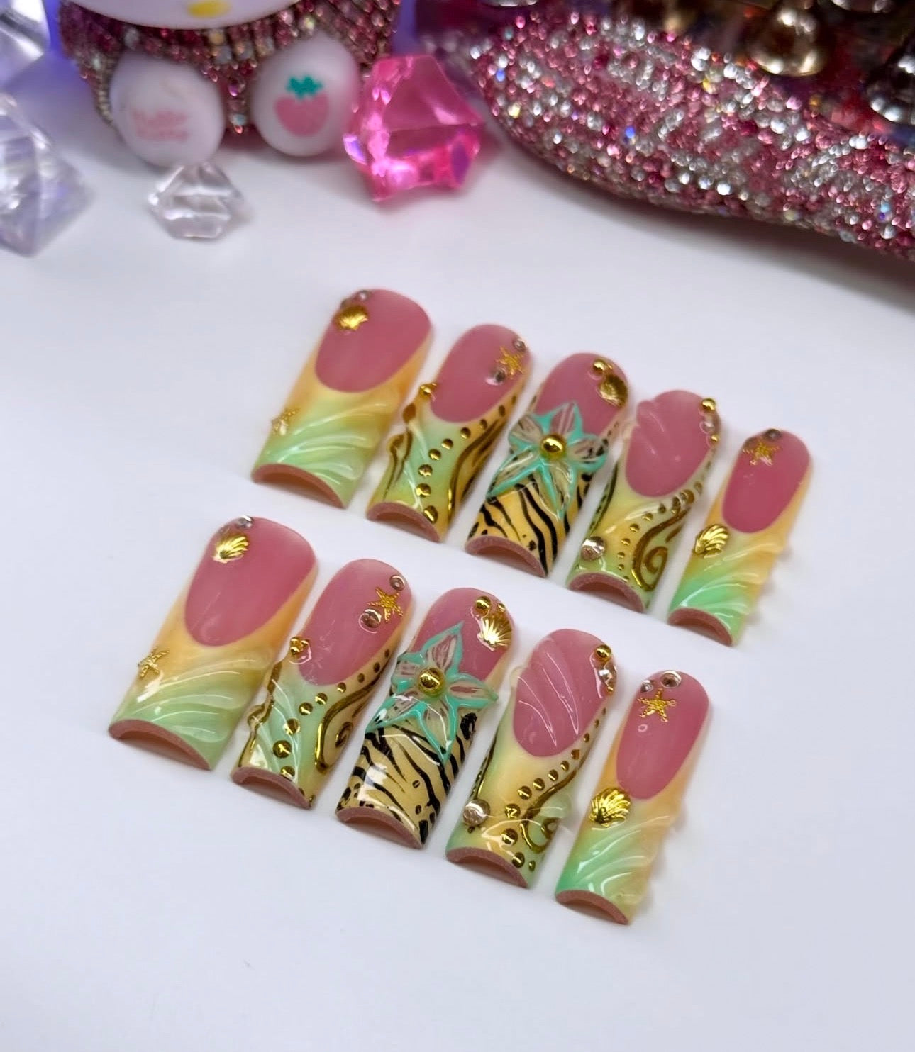 Acrylic Baddie French Tips Green & Yellow 3D Press Ons