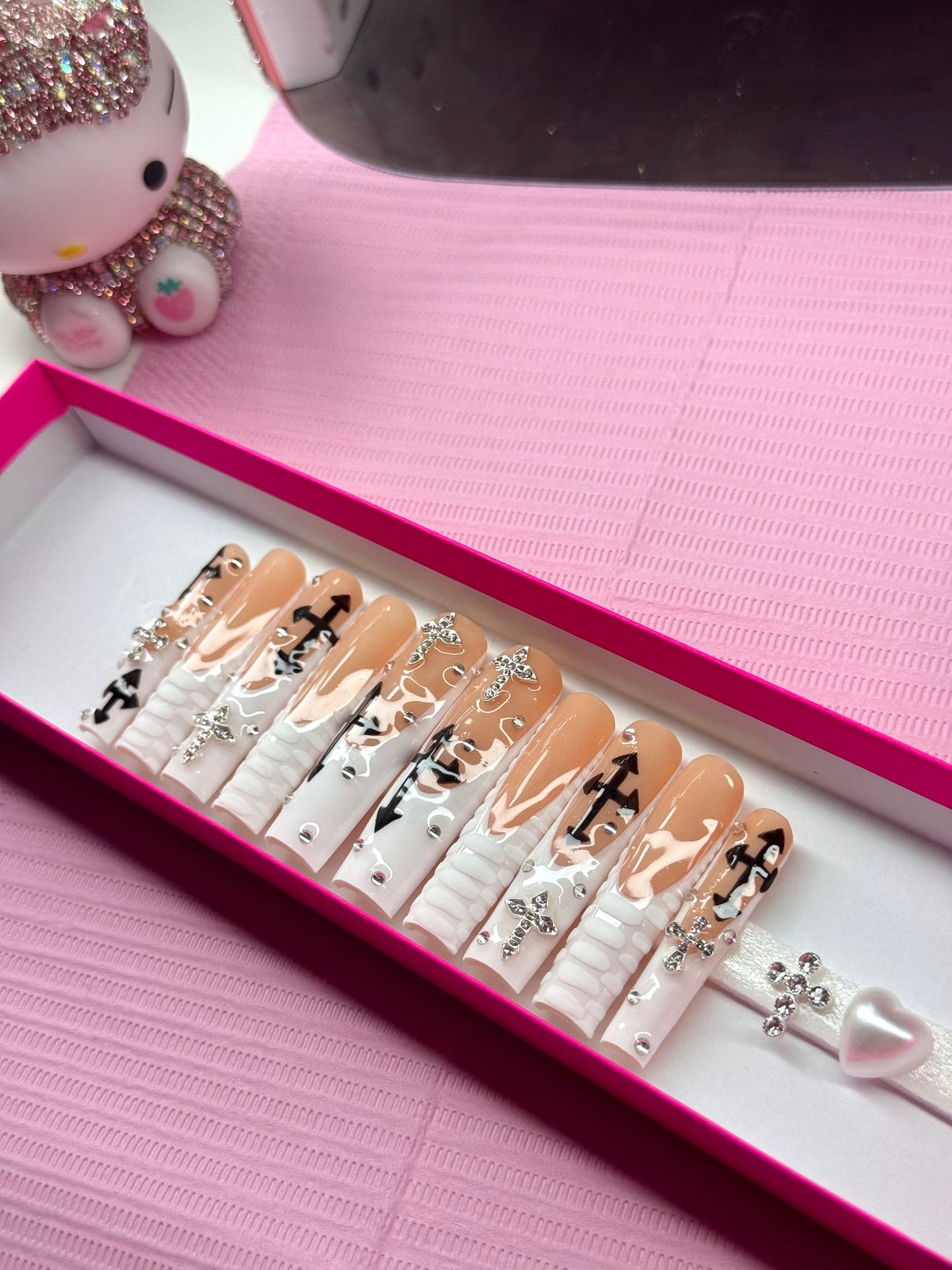 Y2K White Frenchies & Crosses Acrylic Baddie Press On Nails