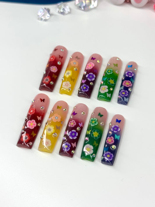 Acrylic Press On Nails Pretty Colorful Flowers & Butterflies