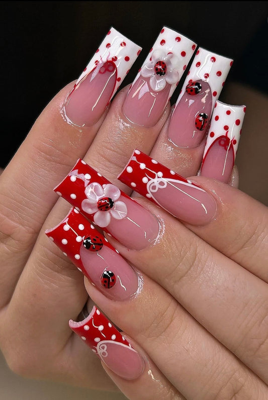 Acrylic Baddie Spring 3D Ladybugs & Flowers Red White Press On Nails