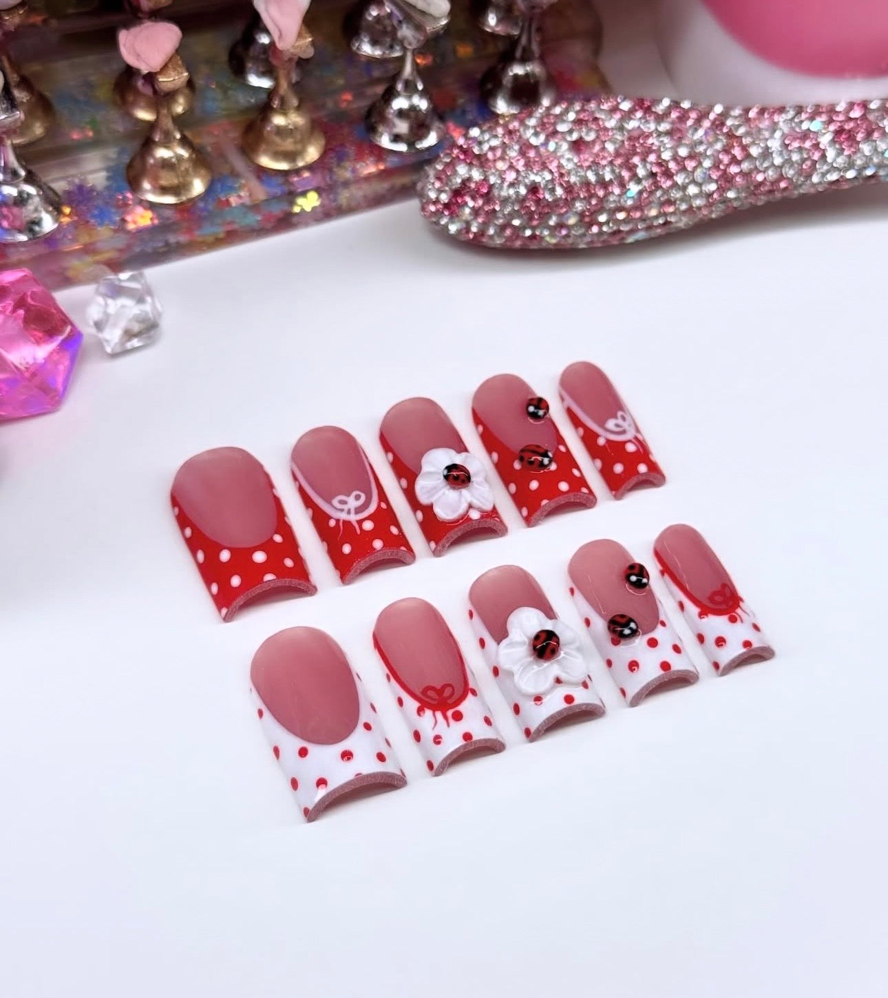 Acrylic Baddie Spring 3D Ladybugs & Flowers Red White Press On Nails
